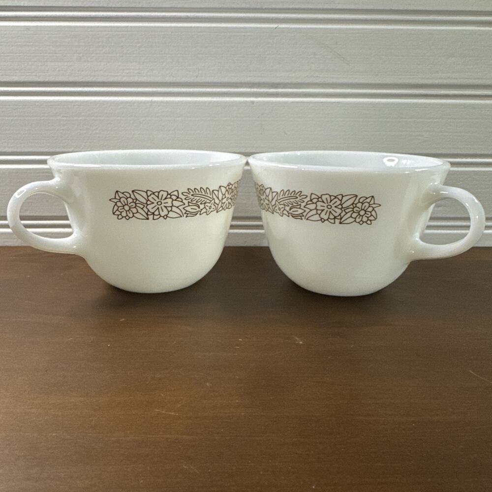 Set of 2 Vintage Pyrex Tea Cups - Woodland Milk Glass Brown Floral Coffee Mugs